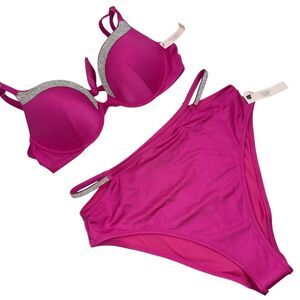 NWT VS BLING PUSH UP TOP 34C & STRAPPY BLING HIGH WAIST CHEEKY BIKINI SWIMSUIT L